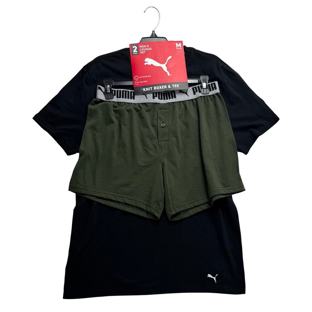 Puma Mens 2 Pack Lounge Set Knit Boxer and‎ Tee Black Green Medium